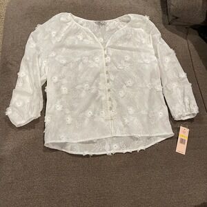 NWT Nanette Lepore Brilliant White Floral Embroidered Button Up Blouse Shirt M
